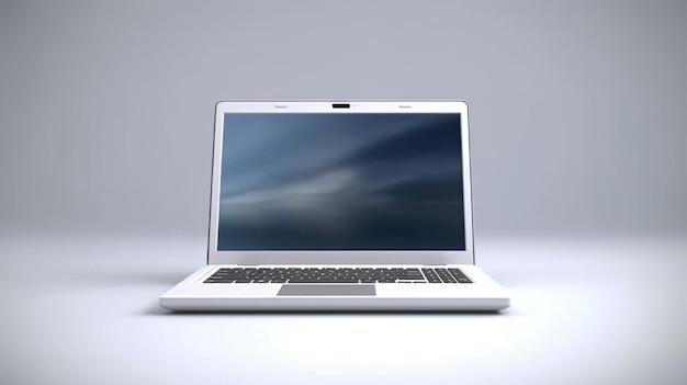 Um laptop branco com uma tela azul que diz céu.