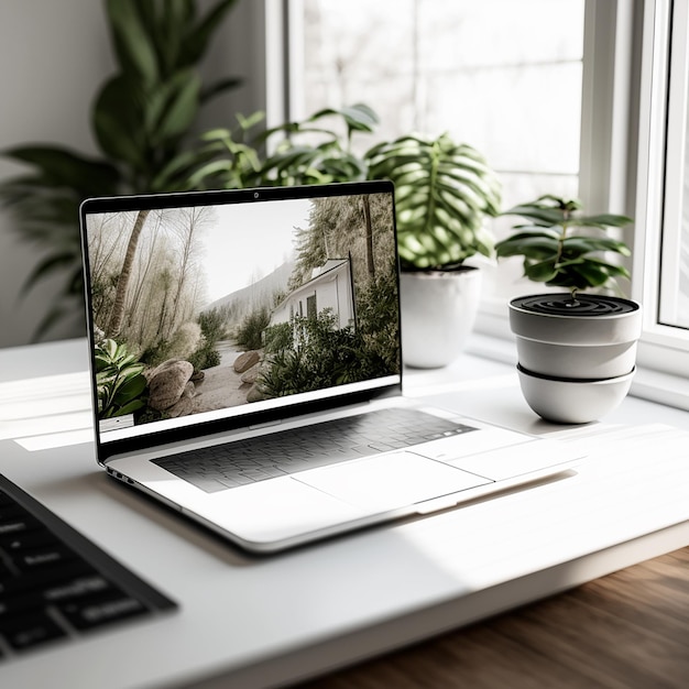 Um laptop com a imagem de uma casa na tela