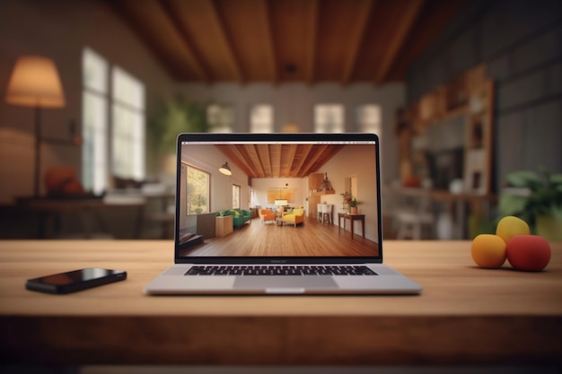 um laptop com a imagem de uma casa na tela.