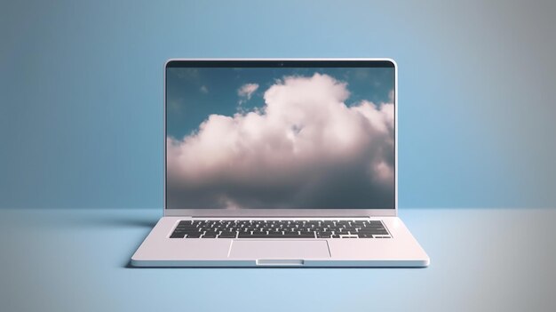 Um laptop com céu e nuvens ao fundo