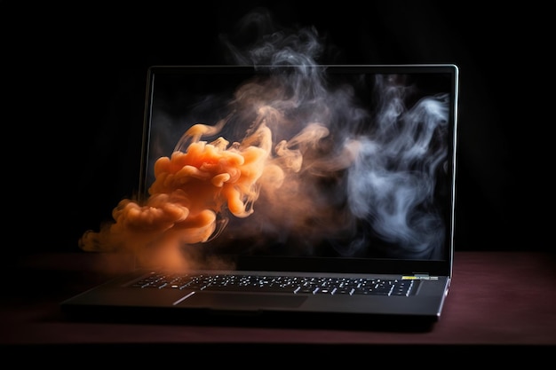 Um laptop com fumaça saindo dele