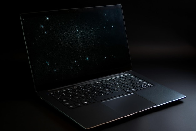 Um laptop com fundo preto e a palavra laptop nele