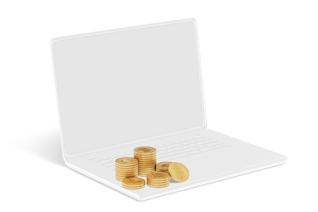 Um laptop com moedas de ouro em cima