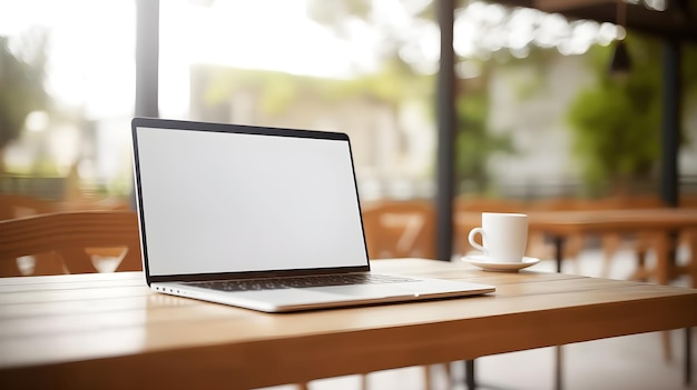 Um laptop com tela em branco sobre uma mesa em um café.