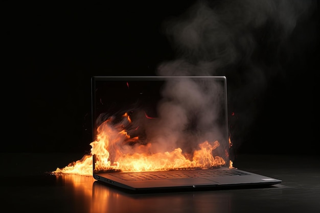 Um laptop com um fogo na tela é iluminado com um fundo preto.
