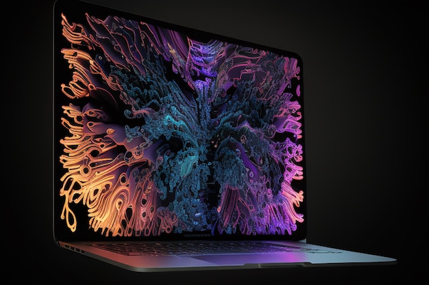 Um laptop com um fundo roxo com um design roxo e verde.