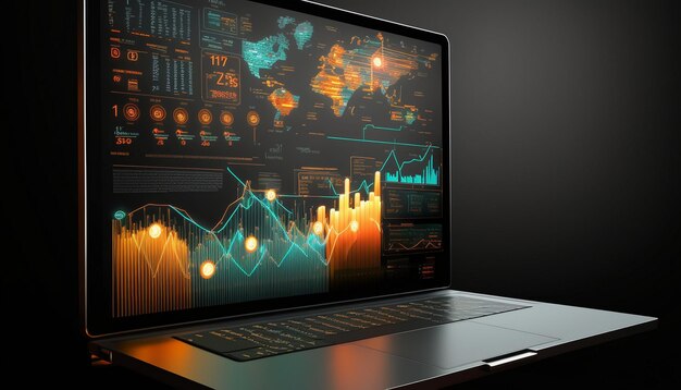 Um laptop com um gráfico na tela que diz "dados" nele