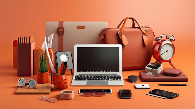 um laptop com uma bolsa laranja na mesa e uma bolsa com uma bolsa nele