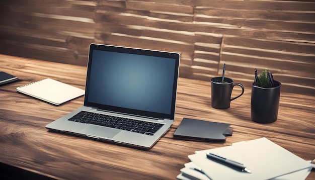 um laptop com uma caneta na tela está aberto e uma chávena de café está em uma mesa de madeira