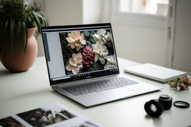 Um laptop com uma flor na tela