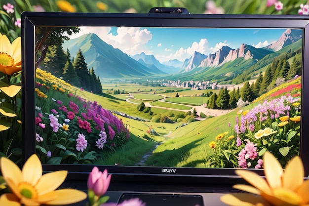 Um laptop com uma paisagem na tela e flores ao fundo.