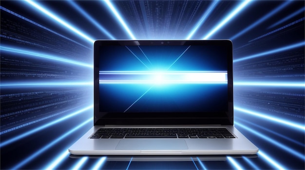 Um laptop com uma tela azul e branca que diz "azul".