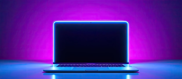 Um laptop com uma tela branca em branco exibida em um ambiente azul e roxo iluminado