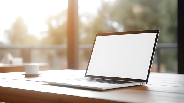 Um laptop com uma tela em branco está sobre uma mesa.