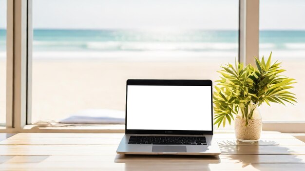 Um laptop com uma tela em branco senta-se em uma mesa de madeira ao lado de uma bebida laranja refrescante com uma vista para a praia através da janela