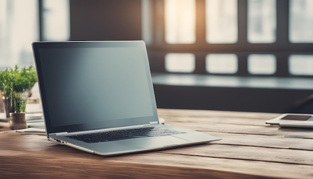 um laptop com uma tela em branco senta-se em uma mesa de madeira