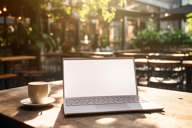 Um laptop com uma xícara de café e uma xícara de café sobre a mesa.