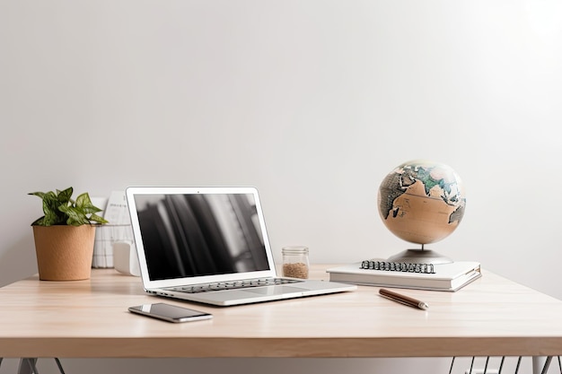 Um laptop e estacionário são vistos contra um fundo branco solitário com um mapa do globo