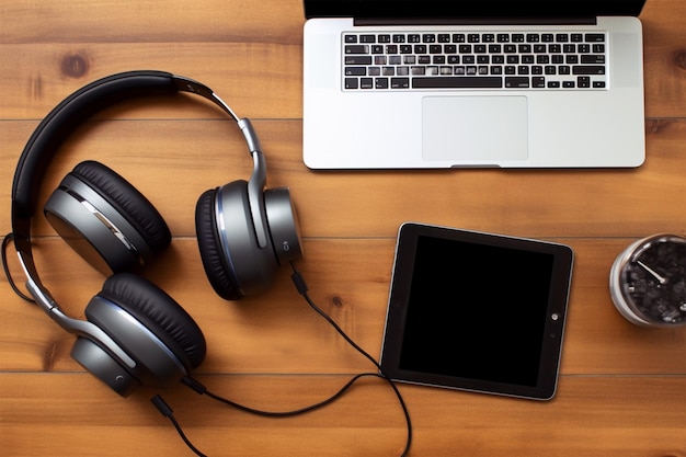 Um laptop e fones de ouvido em uma mesa de madeira com um laptop sobre ele