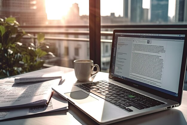 Um laptop e um café com uma cafeteria ao fundo