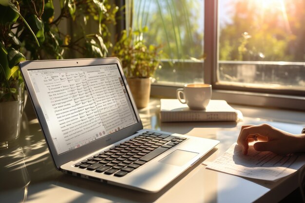 Um laptop e um café com uma cafeteria ao fundo