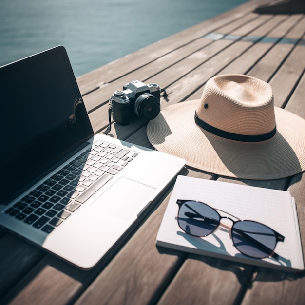 Um laptop e um chapéu em um deck de madeira