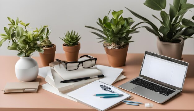 um laptop e um livro em uma mesa com uma planta nele