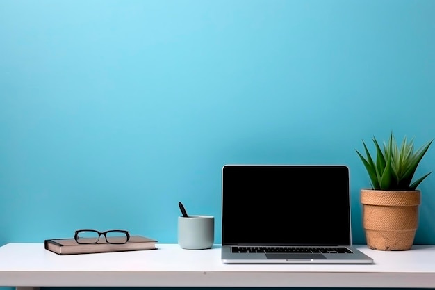 Um laptop e uma planta em uma mesa com um livro e uma planta sobre ele.