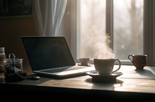 Um laptop e uma xícara de café em uma mesa com uma janela ao fundo