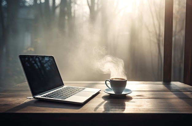 Um laptop e uma xícara de café em uma mesa de madeira pela manhã