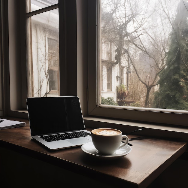 Um laptop e uma xícara de café sobre uma mesa em frente a uma janela