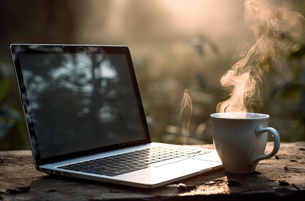 Um laptop e uma xícara de café sobre uma mesa