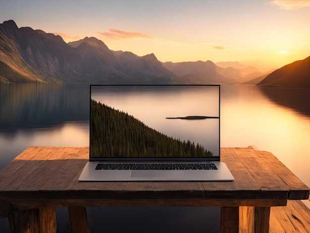 Um laptop em pé na mesa de madeira ai generative