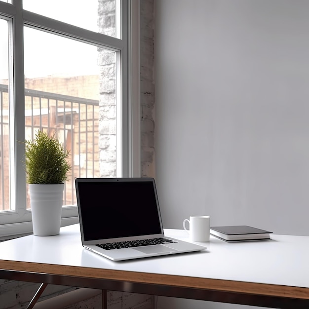 Um laptop em uma mesa com um tablet e uma planta sobre ele