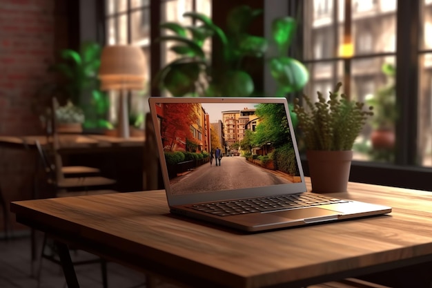 Um laptop em uma mesa com uma planta em cima