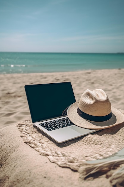 Um laptop em uma praia com um chapéu.