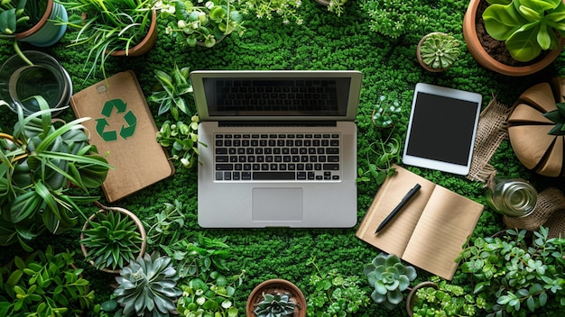 Foto um laptop está aberto e cercado por vegetação e uma caixa de papel com uma caixa de folhas verdes