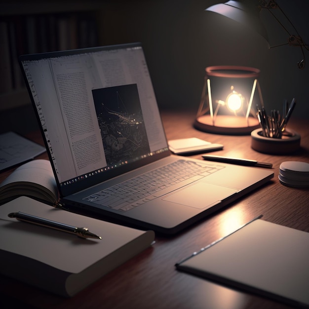 Um laptop está aberto e está aberto e está sobre uma mesa com um livro e uma caneta.