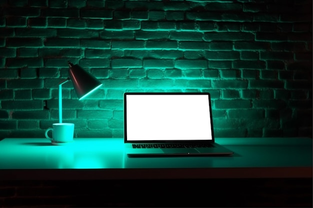 Um laptop está aberto e está sobre uma mesa em frente a uma parede com uma luz acesa