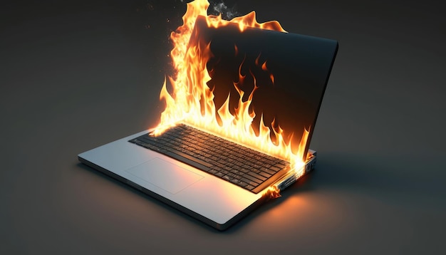 Um laptop está queimando em um fundo preto