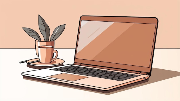 Foto um laptop está sentado em uma mesa ao lado de uma xícara de café e uma planta em vaso