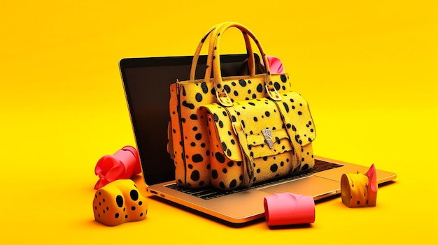 Um laptop no qual há muitos sacos de compras e carrinhos de compras