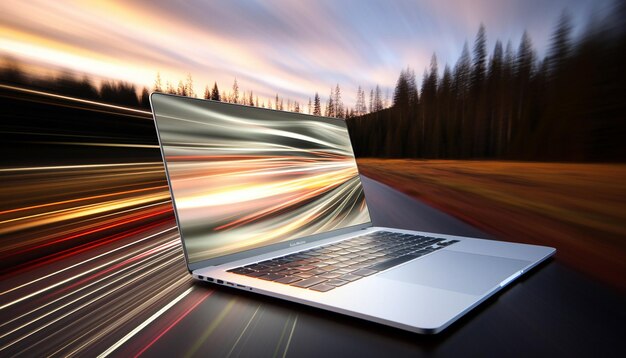 Foto um laptop prateado fotografia com velocidade lenta do obturador impressionismo 8k de alta resolução