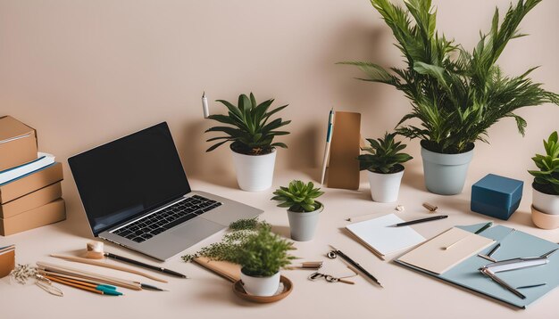 um laptop senta-se em uma mesa com uma planta e um laptop