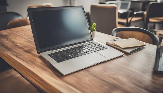 um laptop senta-se em uma mesa de madeira com um livro ao lado dele