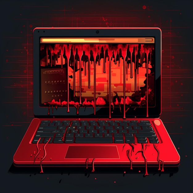 Foto um laptop vermelho com sangue escorrendo da tela