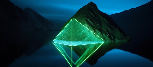 Um laser verde é aceso na frente de uma montanha.