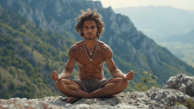 Um latino de meia-idade praticando ioga nas montanhas Meditação na natureza Saúde mental