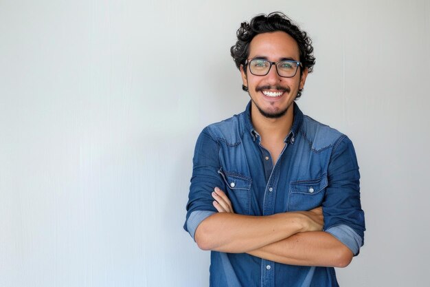 Um latino hipster usando óculos com os braços cruzados e sorrindo em um fundo branco.