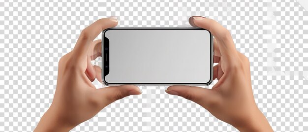 Foto um layout horizontal vertical com amplo espaço de texto é apresentado neste modelo de smartphone portátil em uma perspectiva de recorte de fundo translúcido.